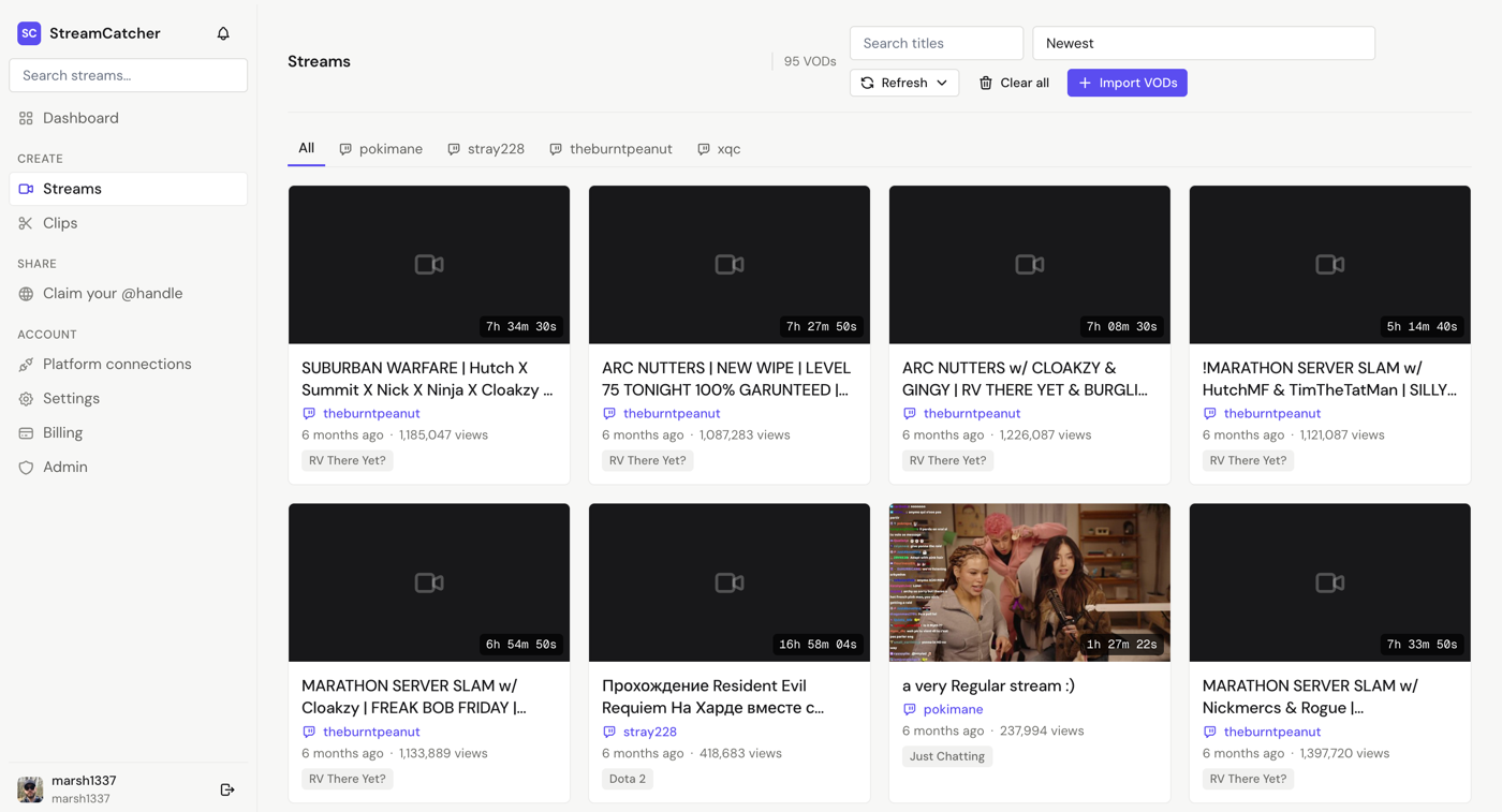 Your VOD library: Any public channel, filtered by streamer.